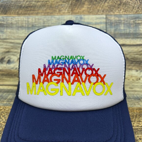 Magnavox Mens Trucker Hat Navy Snapback Defunct Vintage Logo Baseball Cap - Picture 3 of 8